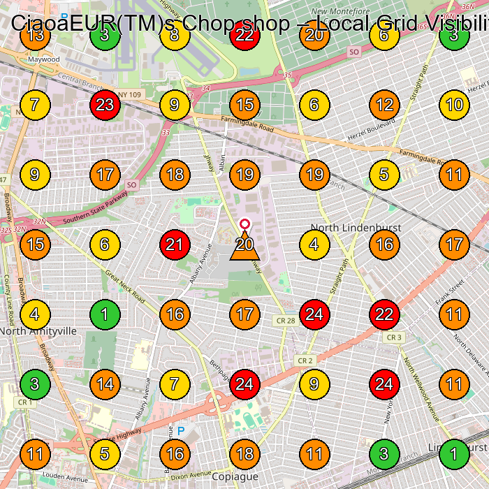 CiaoaEUR(TM)s Chop shop Barber Shop GeoGrid ranking map for Lindenhurst NY